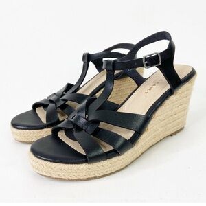 ROCK & CANDY  Fola Espadrille Jute Wrapped Wedge Sandals 8.5 Black faux leather